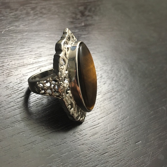 Natural African Tiger's Eye Solitaire Ring in Platinum Over Copper size 8 - Picture 9 of 16